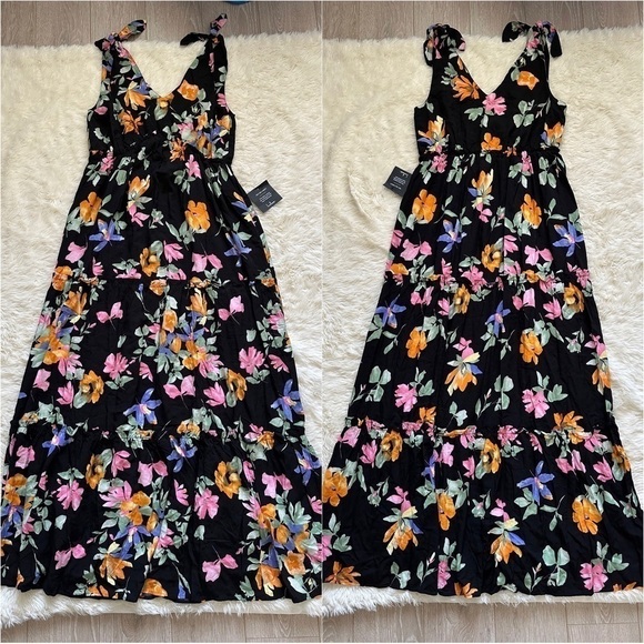 Lulus Dress Beloved Bae Tie-Strap Tiered Maxi Floral Print Black L NWT New - Picture 6 of 13